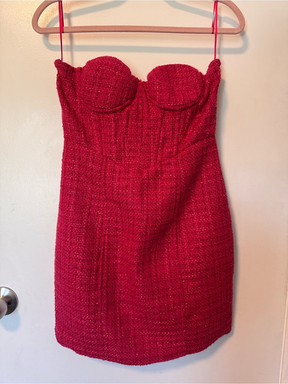 Aqua Pink Strapless Tweed Bustier Mini Dress